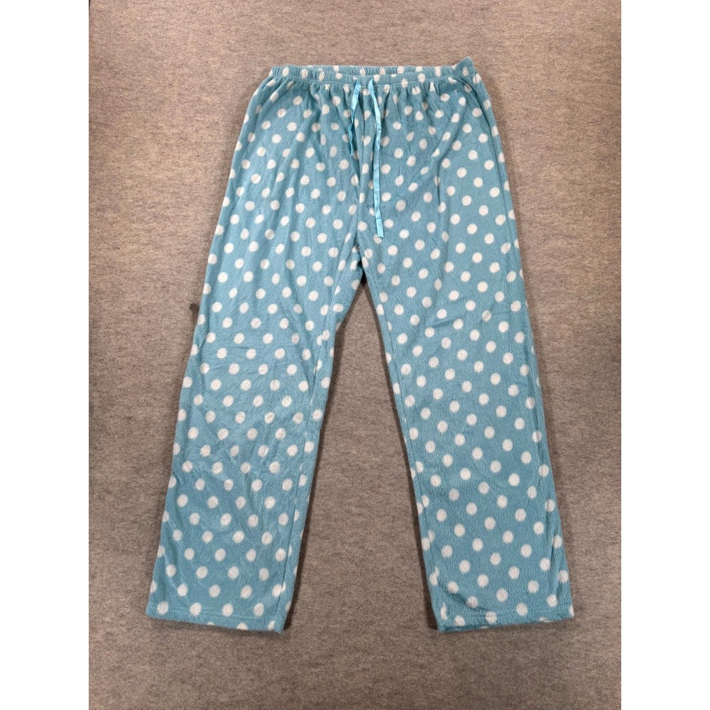 Womens Plush Pajama Pants XL (16) Blue White Polka Dot Straight Leg Drawstring